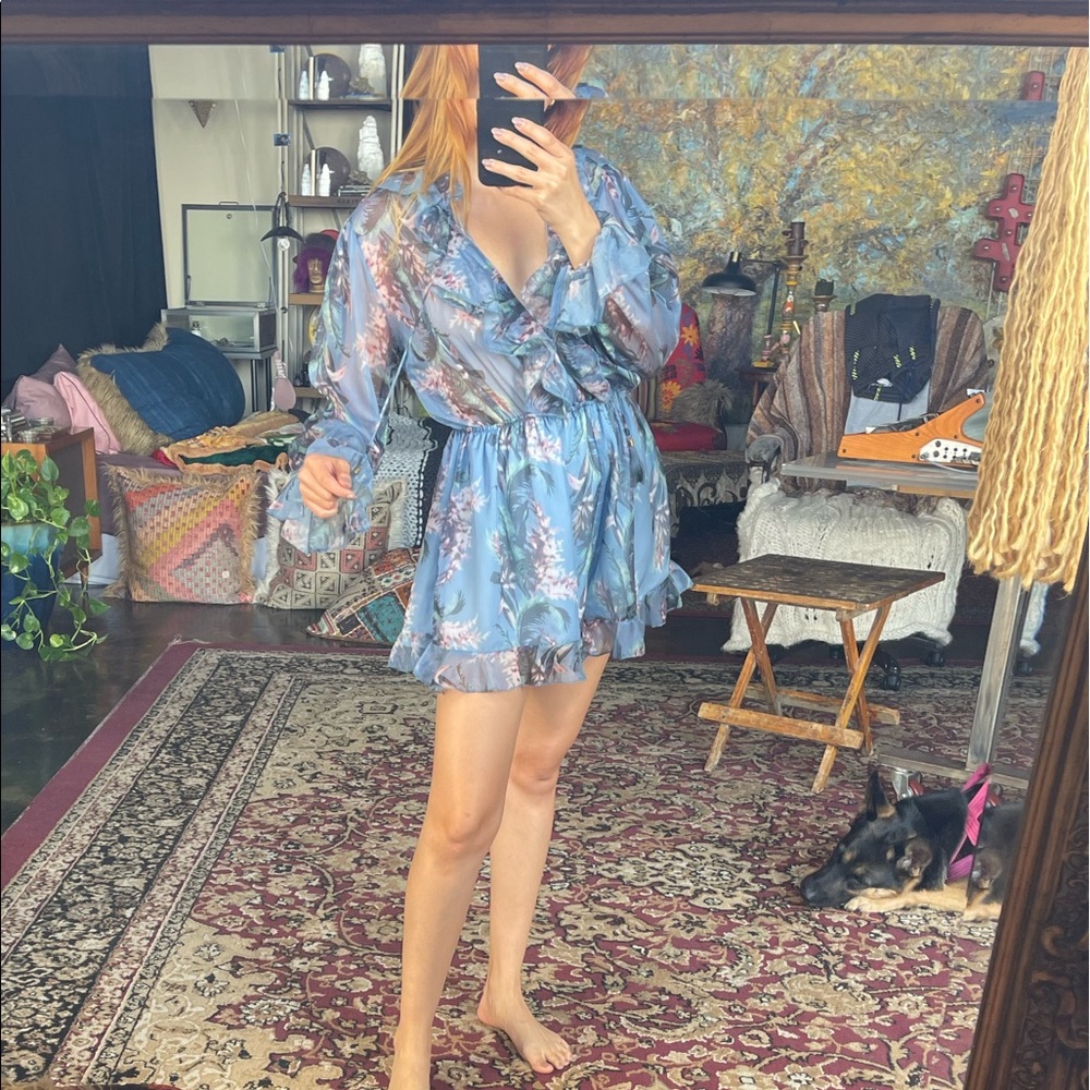 Beulah - periwinkle sheer floral patterned long-sleeved jumper